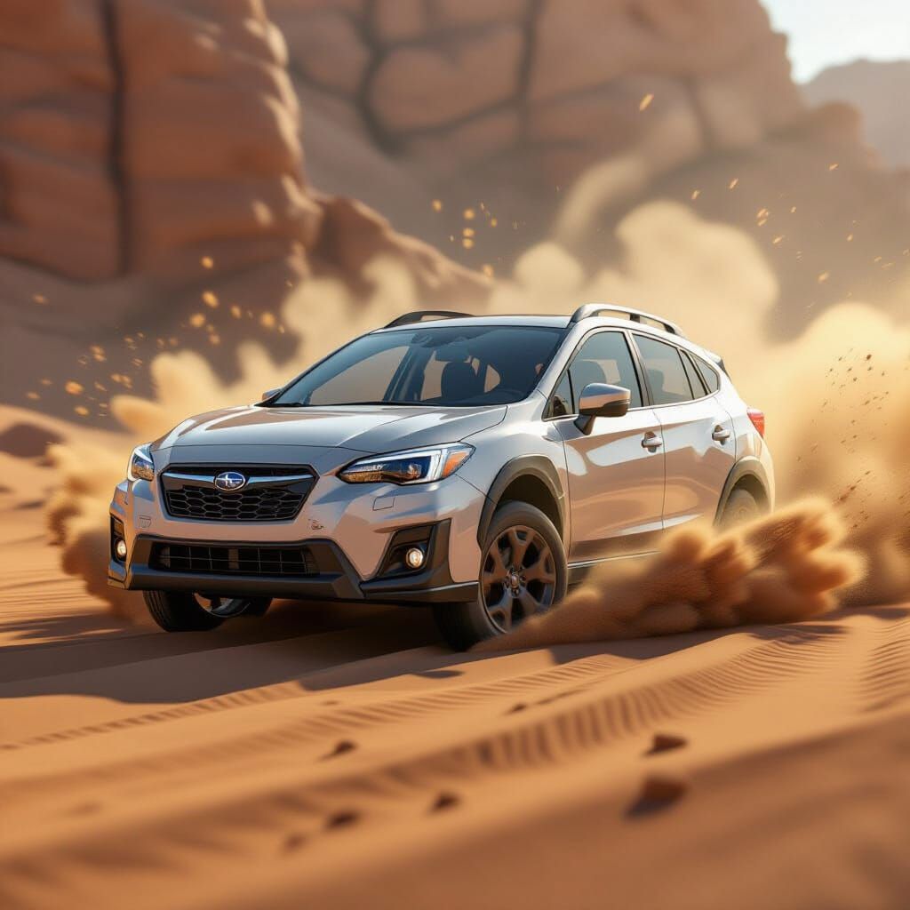 Subaru Crosstrek Speeds Over Sandpaper in 3D Anime Style