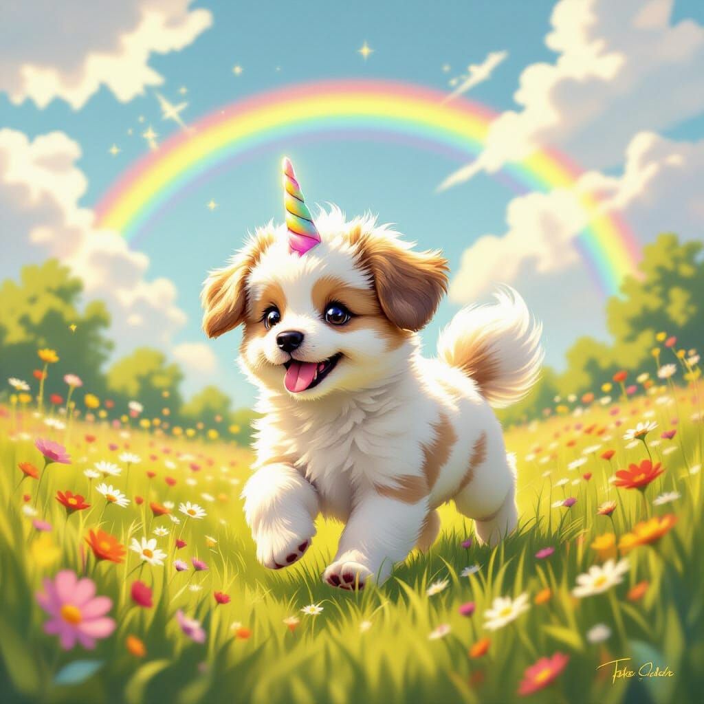 Fluffy Puppy Unicorn Creates Rainbow in Sunlit Meadow