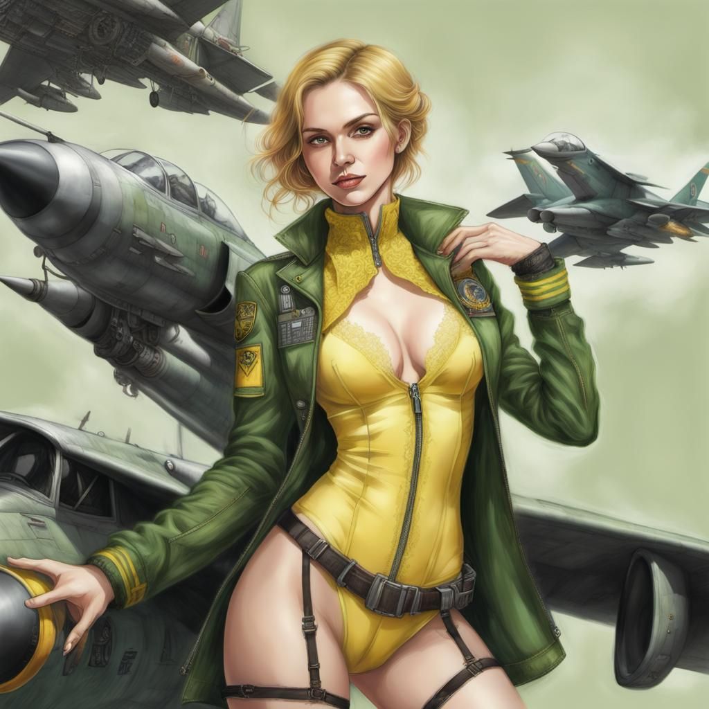 Steampunk Color Pencil Art of Woman with F-15