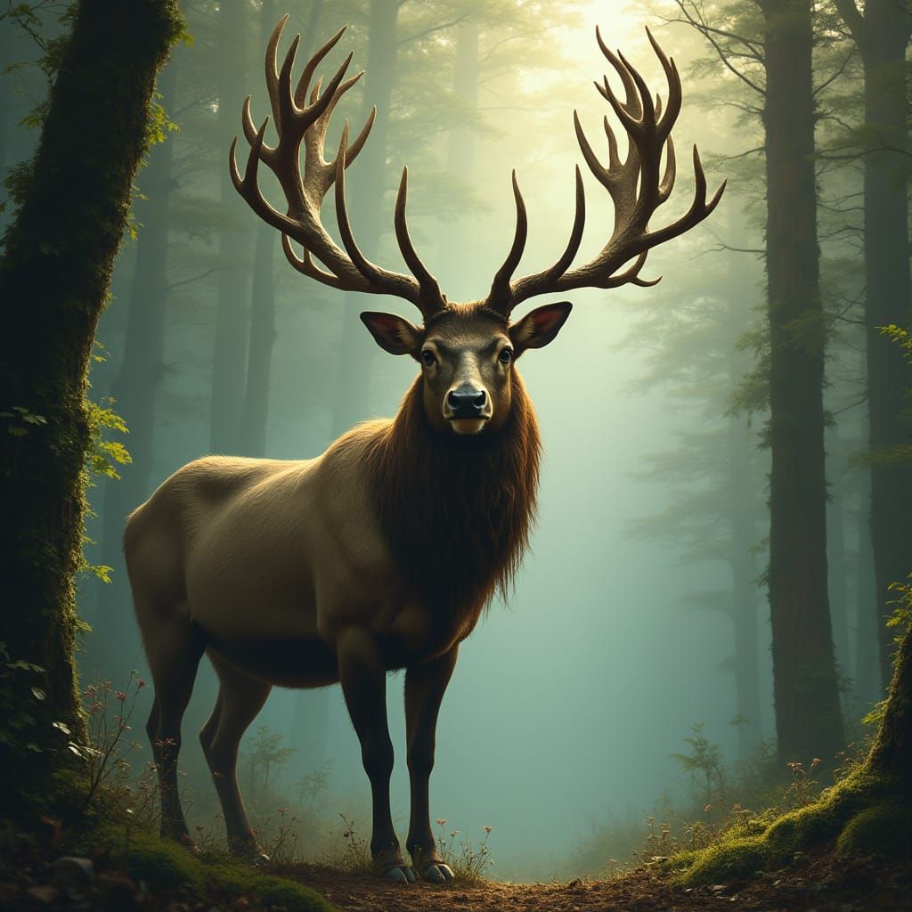 Mystical Celtic Stag in Misty Forest Illustration