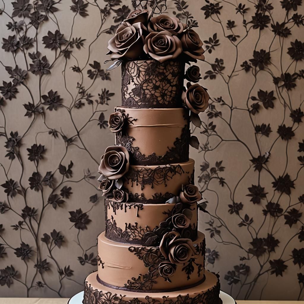 Chocolate Wedding Cake with Lace and Roses