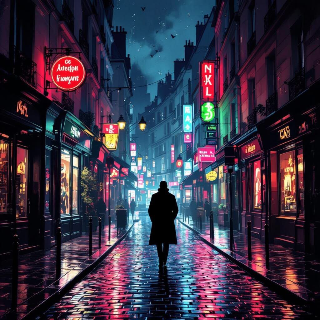 Vintage Parisian Street at Night in Neon Glow