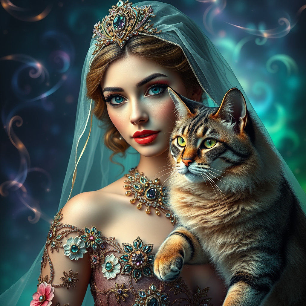 Regal Woman with Cat in Art Nouveau Style