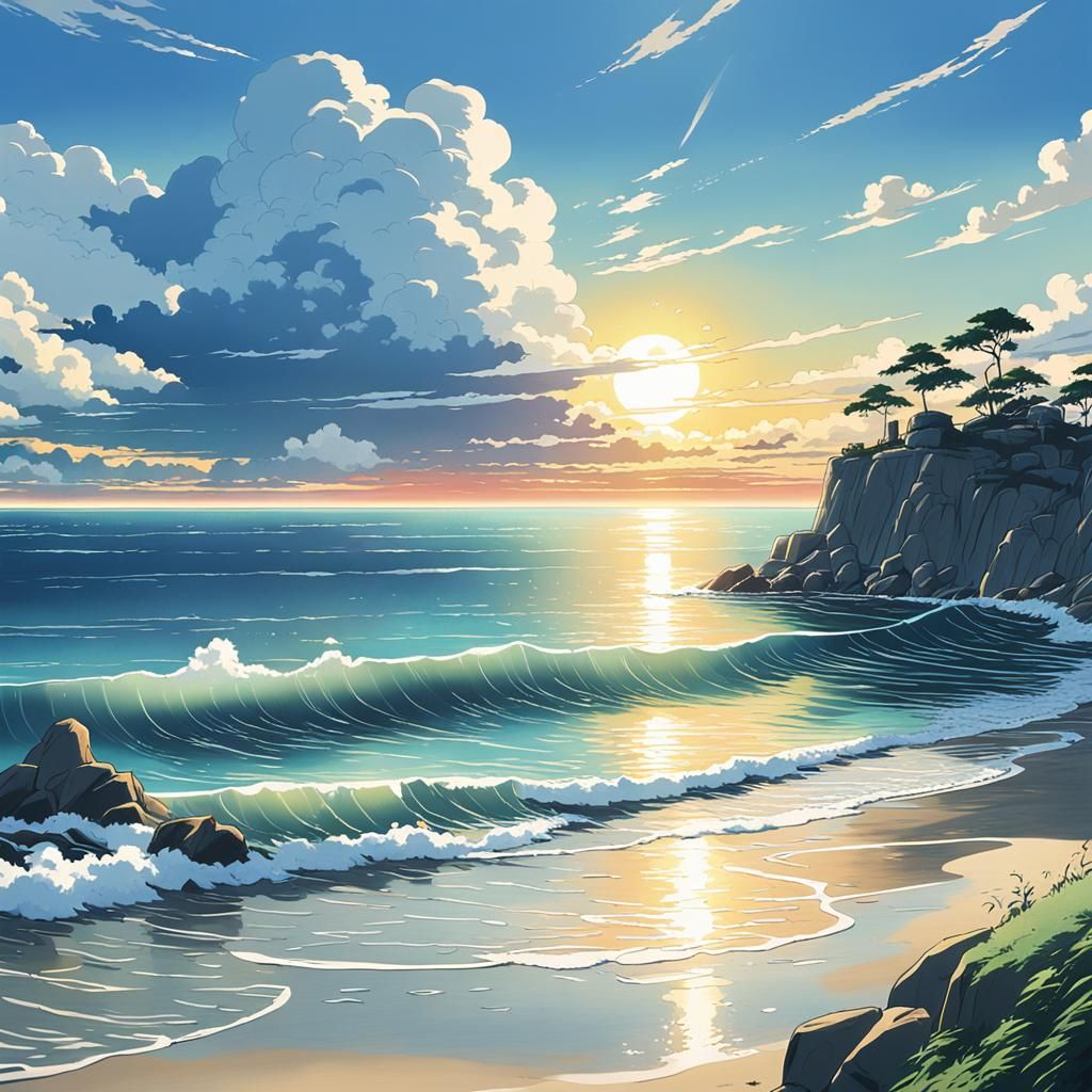 Anime Sunrise Beach Scene in Studio Ghibli Style