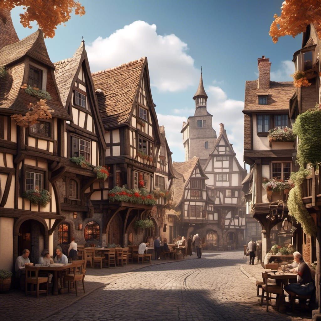 Medieval City Street with Half-Timbered Houses