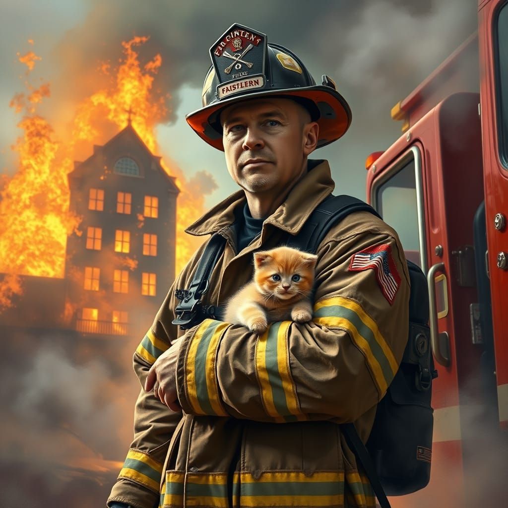 Fireman and Kitten in Burning Building, Oil Painting