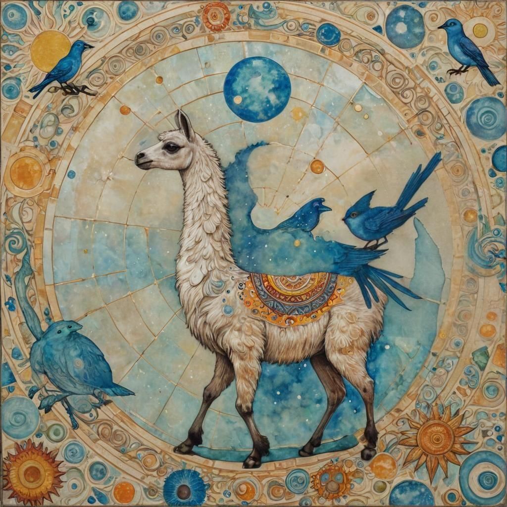 Llama and Blue Bird in Surreal Space