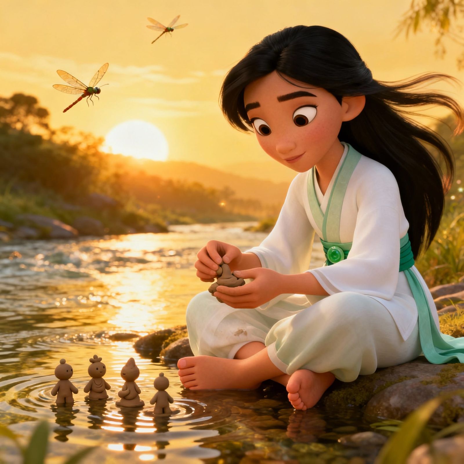 Chinese Girl Nüwa Shaping Clay Figures by River at Sunset