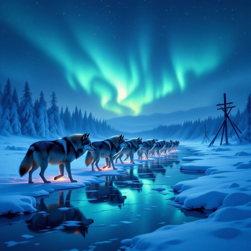 Spectral Wolves Traverse Frozen River Under Aurora