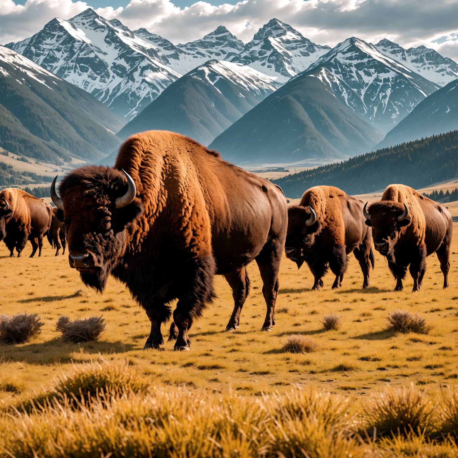 Bison in Mountain Field: Hyperrealistic 64MP Image