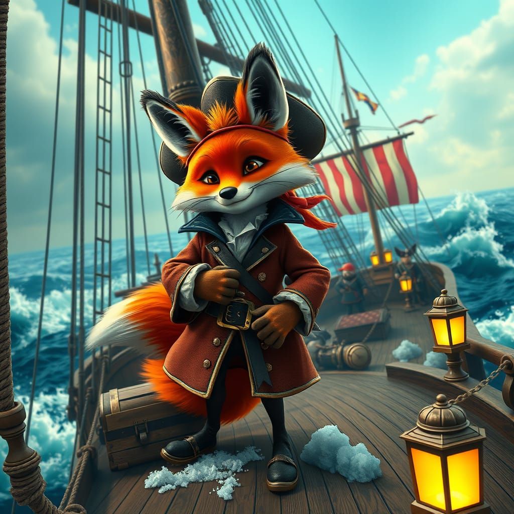 Pirate Fox Captain on Ship Deck in Cinematic Lighting