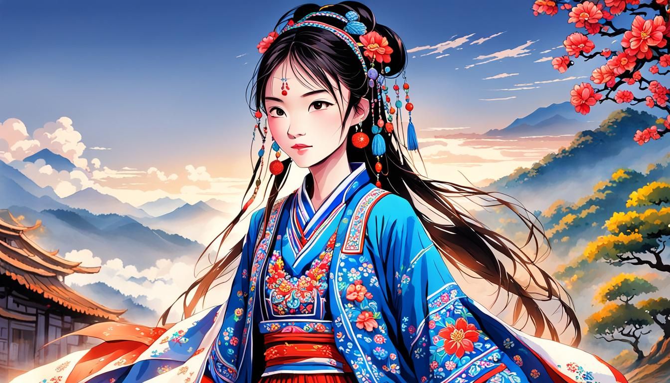 Anime Art of Miao Woman with Silver Headdress