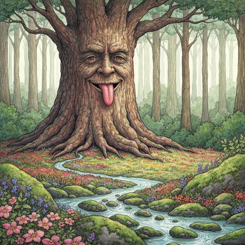 Ancient Tree With Face Sticking Tongue Out in Forest