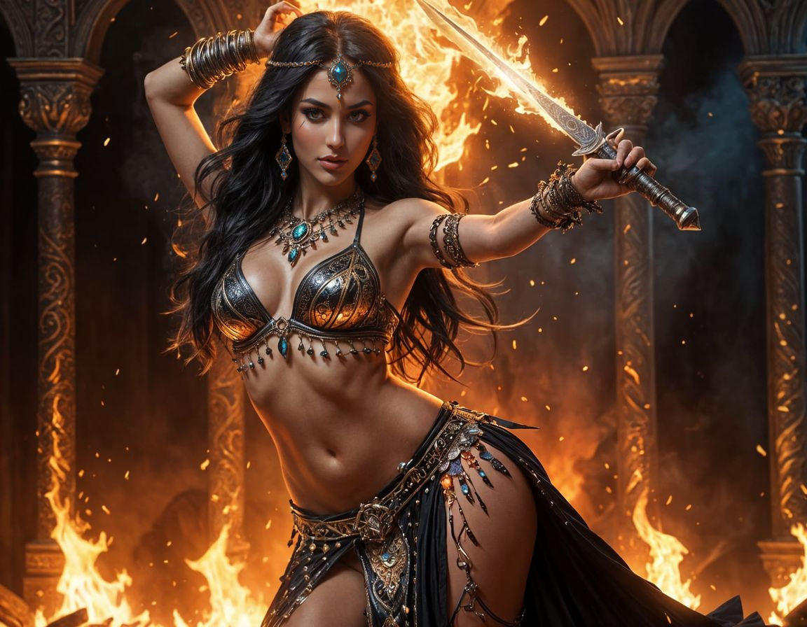Exotic Belly Dancer with Dagger in Expressionist Style