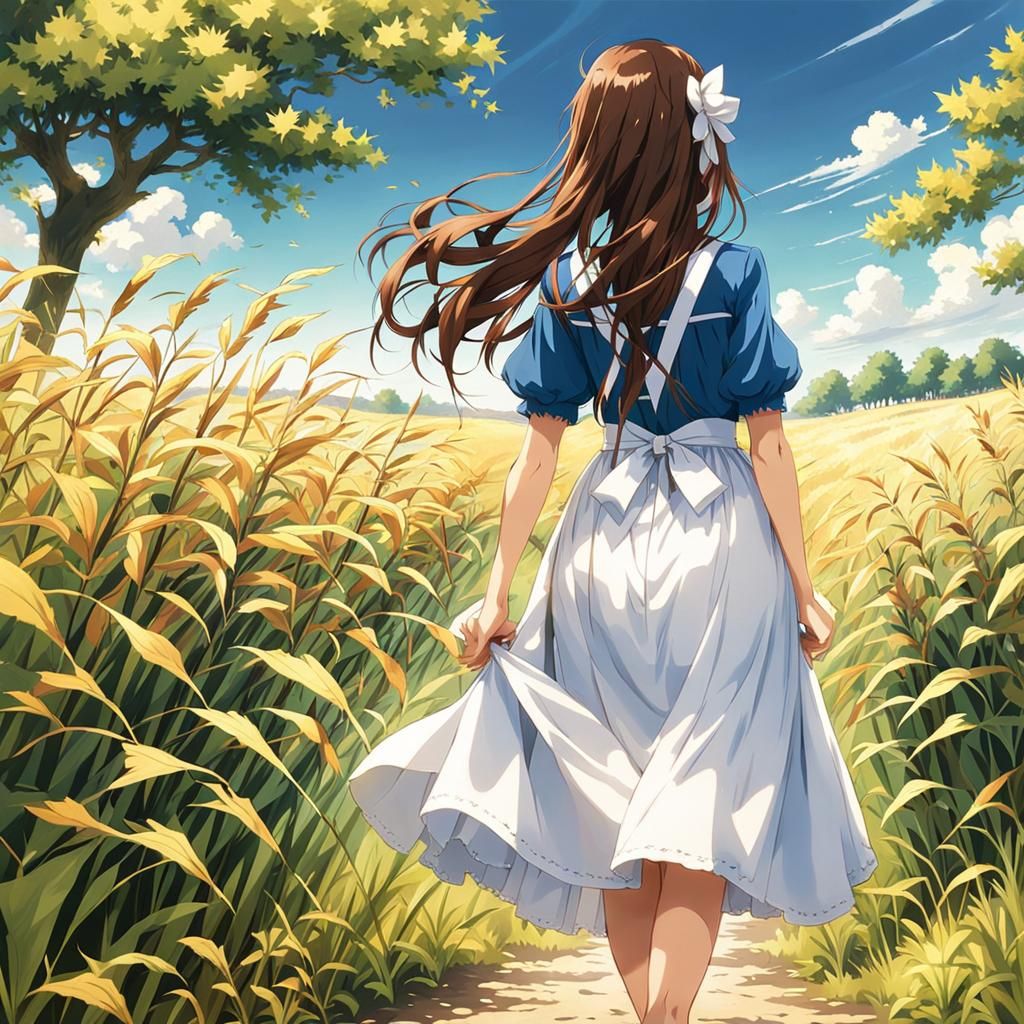 Anime Girl Wandering Through a Field