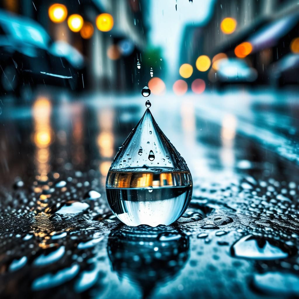 Hyperrealistic Raindrop Falling in Storm: Extreme Closeup