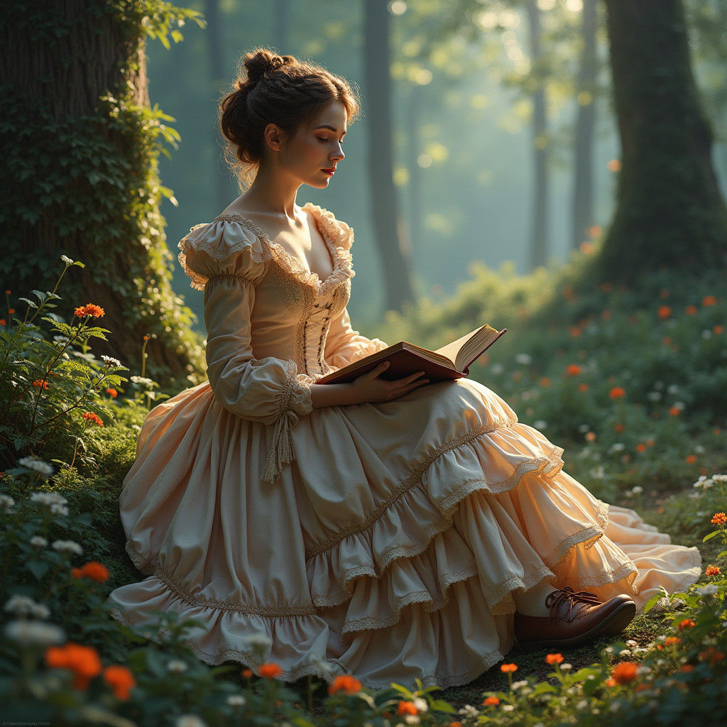 Victorian Woman Reading in Forest Glade: Fantasy Art