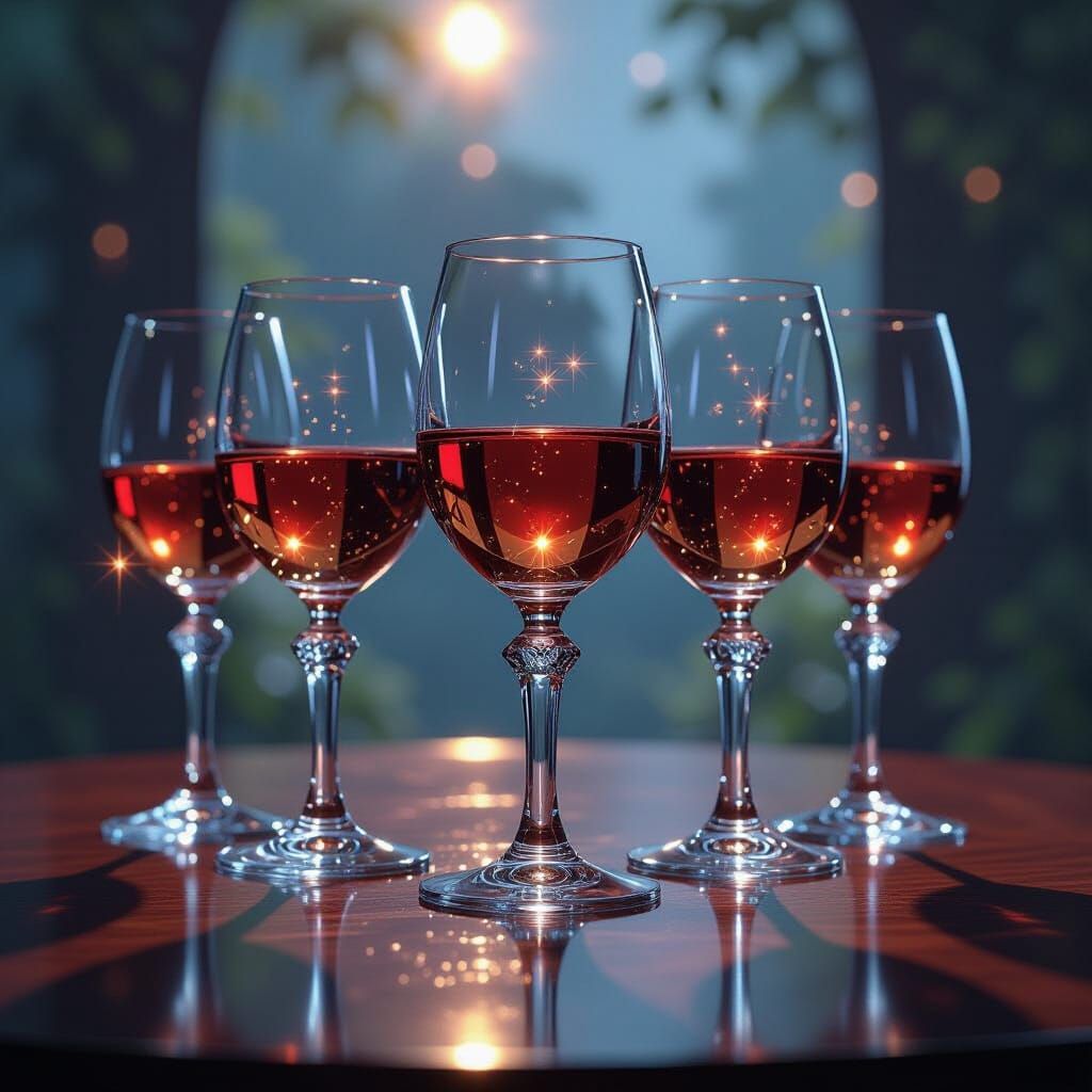 Magical Wine Glasses Glowing with Shimmering Red and Gold Li...
