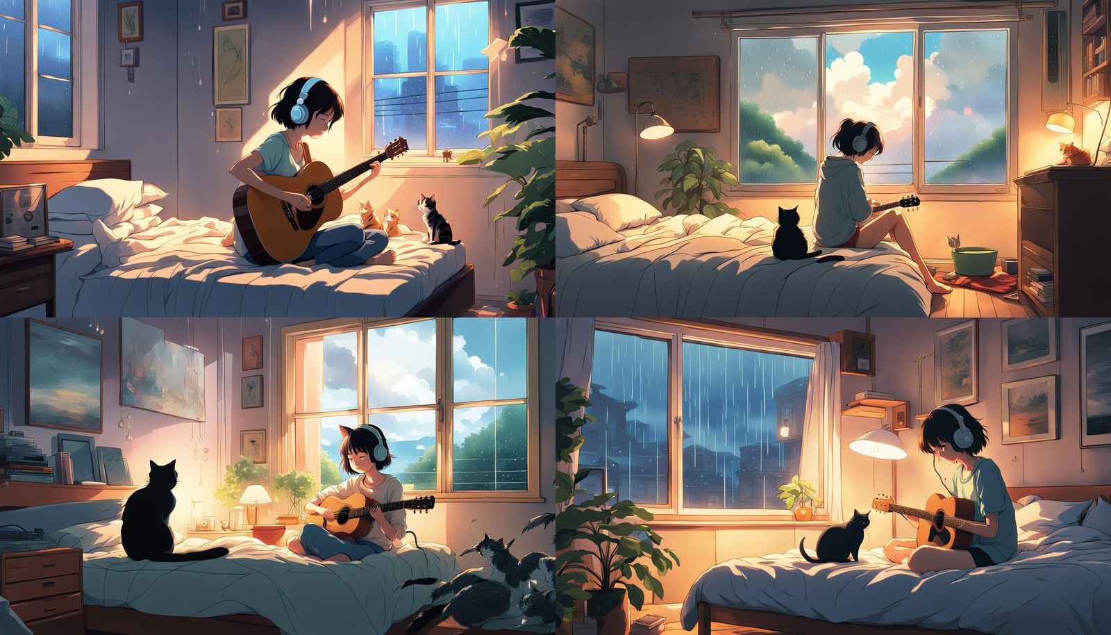 Girl, Cat, Guitar: Studio Ghibli Anime Scene