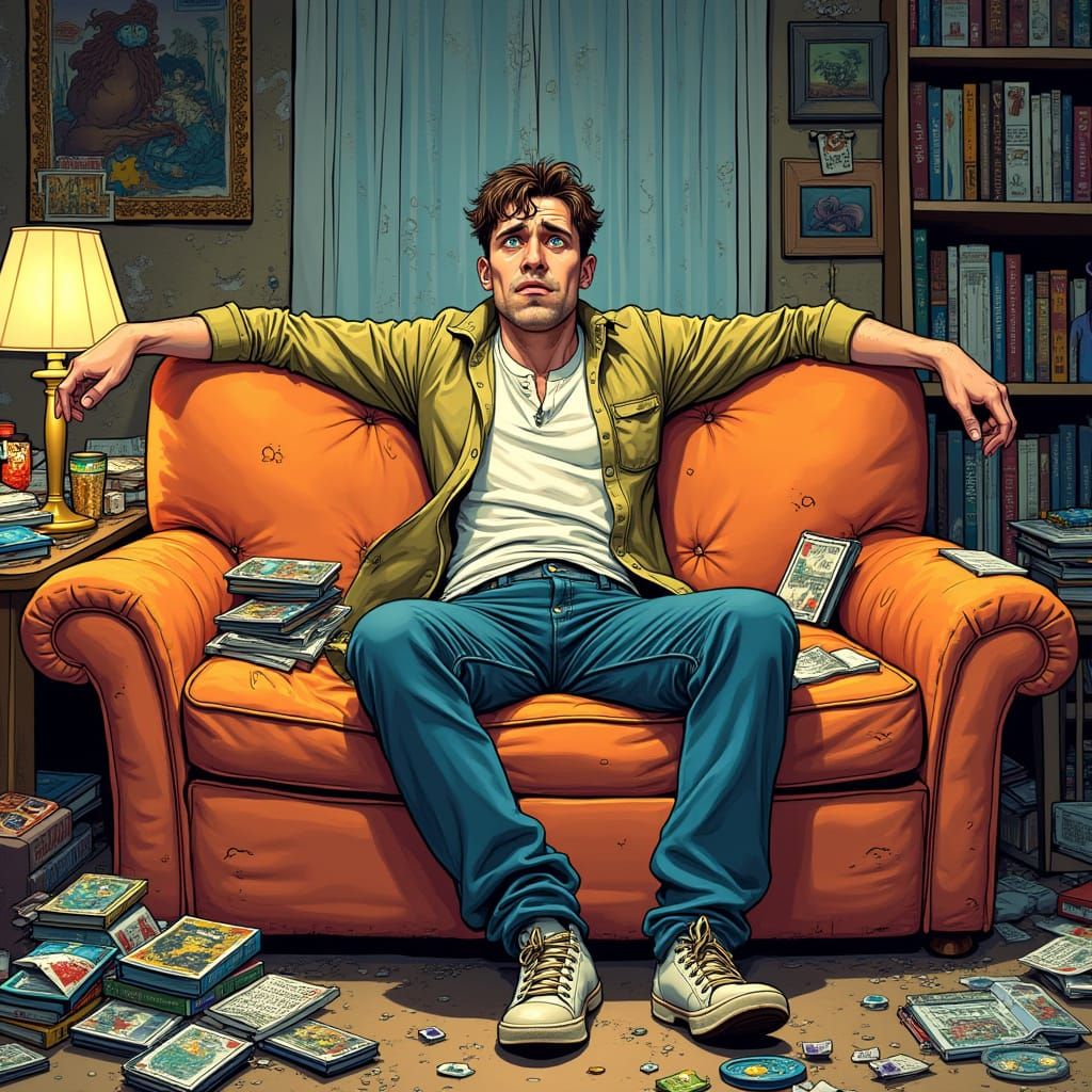 A Cartoon of a Confused Man in a Messy Living Room