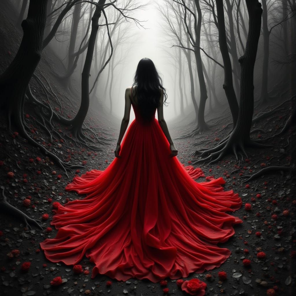 Gothic Woman in Red Dress on Forest Path