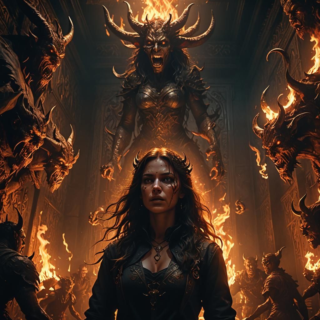 Demonic Chamber: Woman Surrounded by Fiery Shadows
