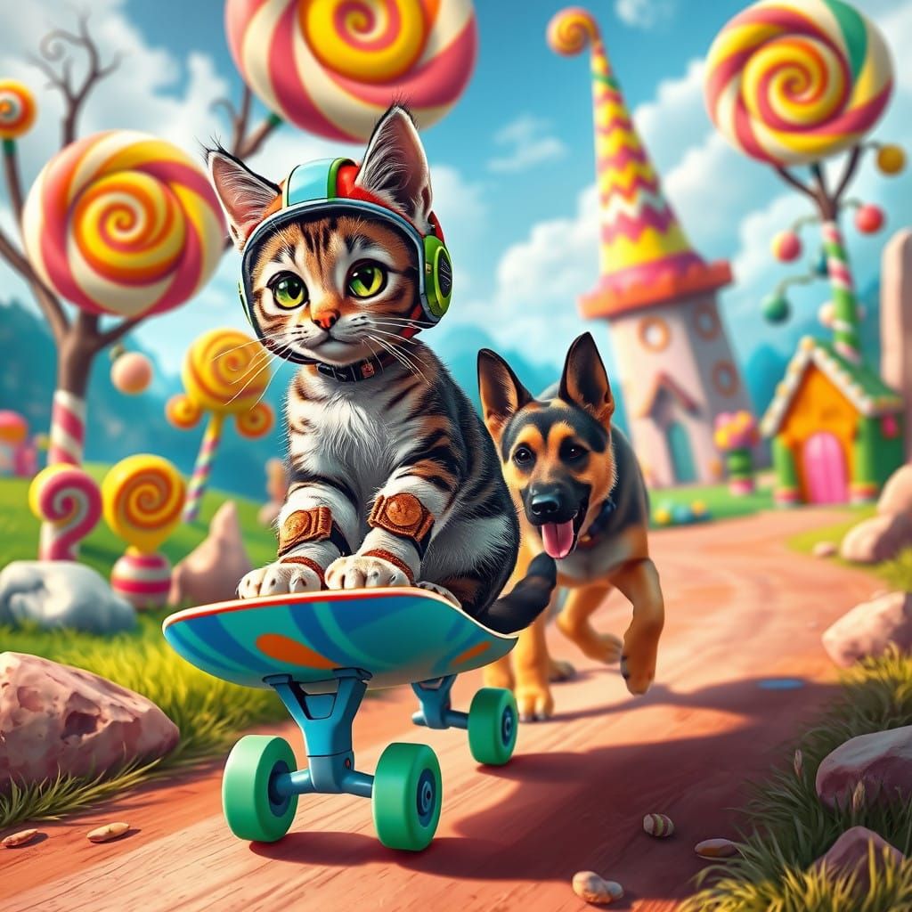 Whimsical Tabby Cat Rides Skateboard through Candyland with...