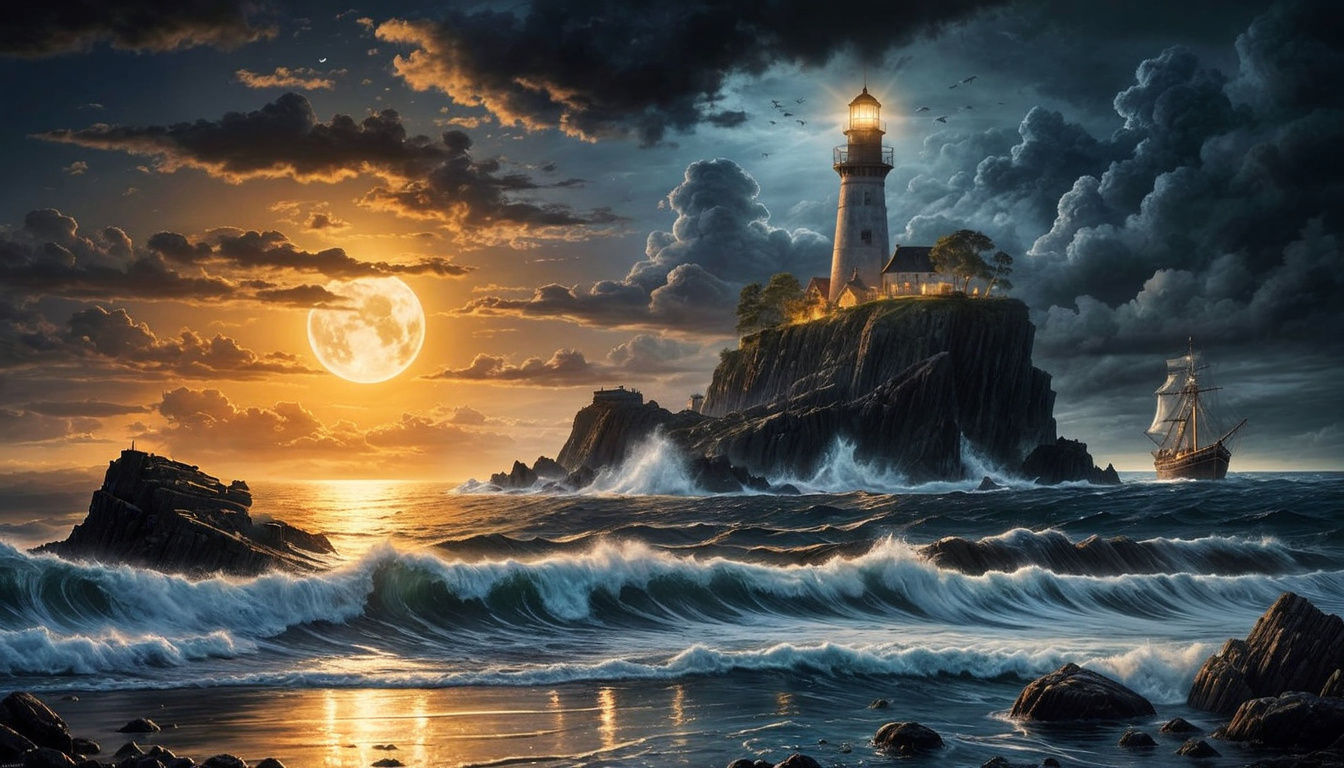 Pirate Ship on Misty Sea with Golden Moon