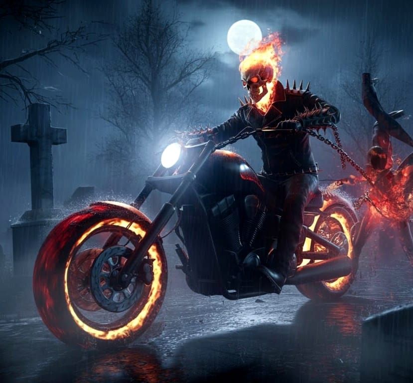 Ghost Rider in Cemetery on Rainy Night