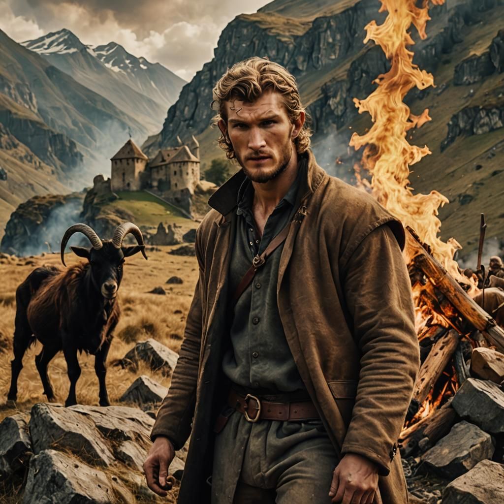 Hyperrealistic Hunter with Goat in Mountain Scene