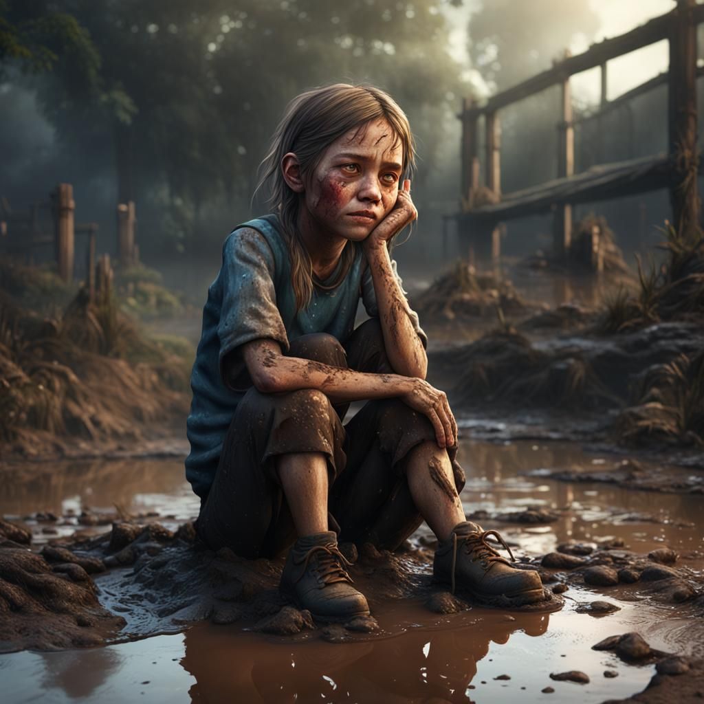 Girl Crying in Mud Puddle: Detailed Matte Painting