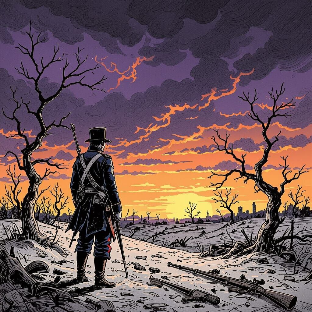 Victorian Soldier on Desolate Battlefield at Dusk