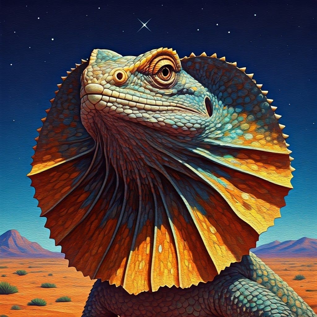 Frilled-Neck Lizard Portrait in Vivid Impasto Style