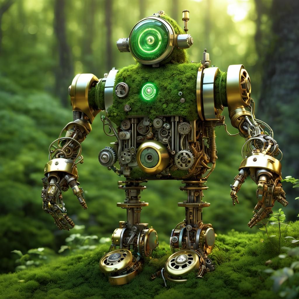 Mechanical Moss Robot Garden Gnome in Forest