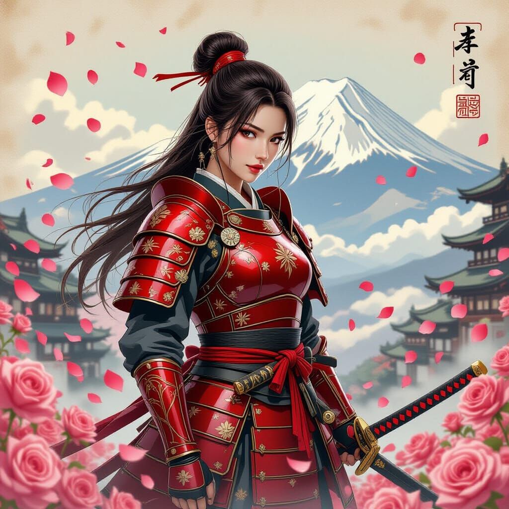 Samurai Woman Amidst Roses with Fuji Backdrop