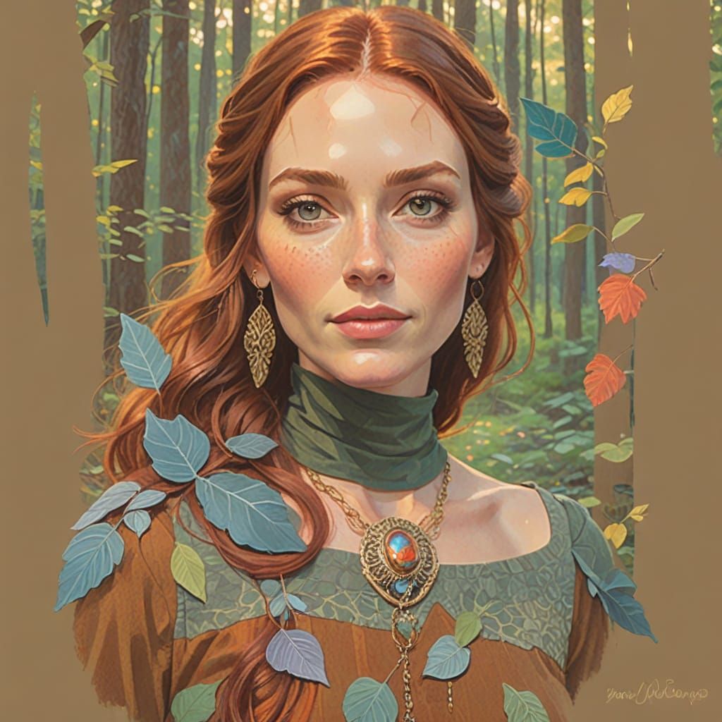 Auburn-Haired Woman Walks Through Forest at Twilight