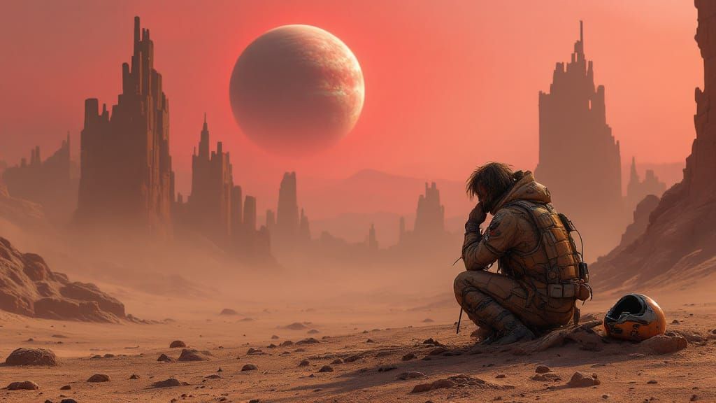 Lone Survivor on Alien Desert World at Dusk