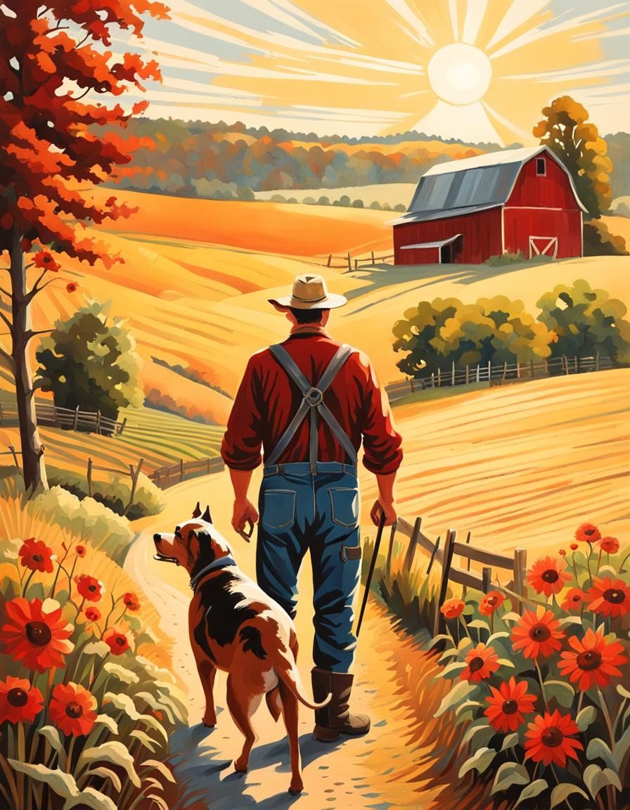 Farmer and Dog Admiring Fields in Gouache Style