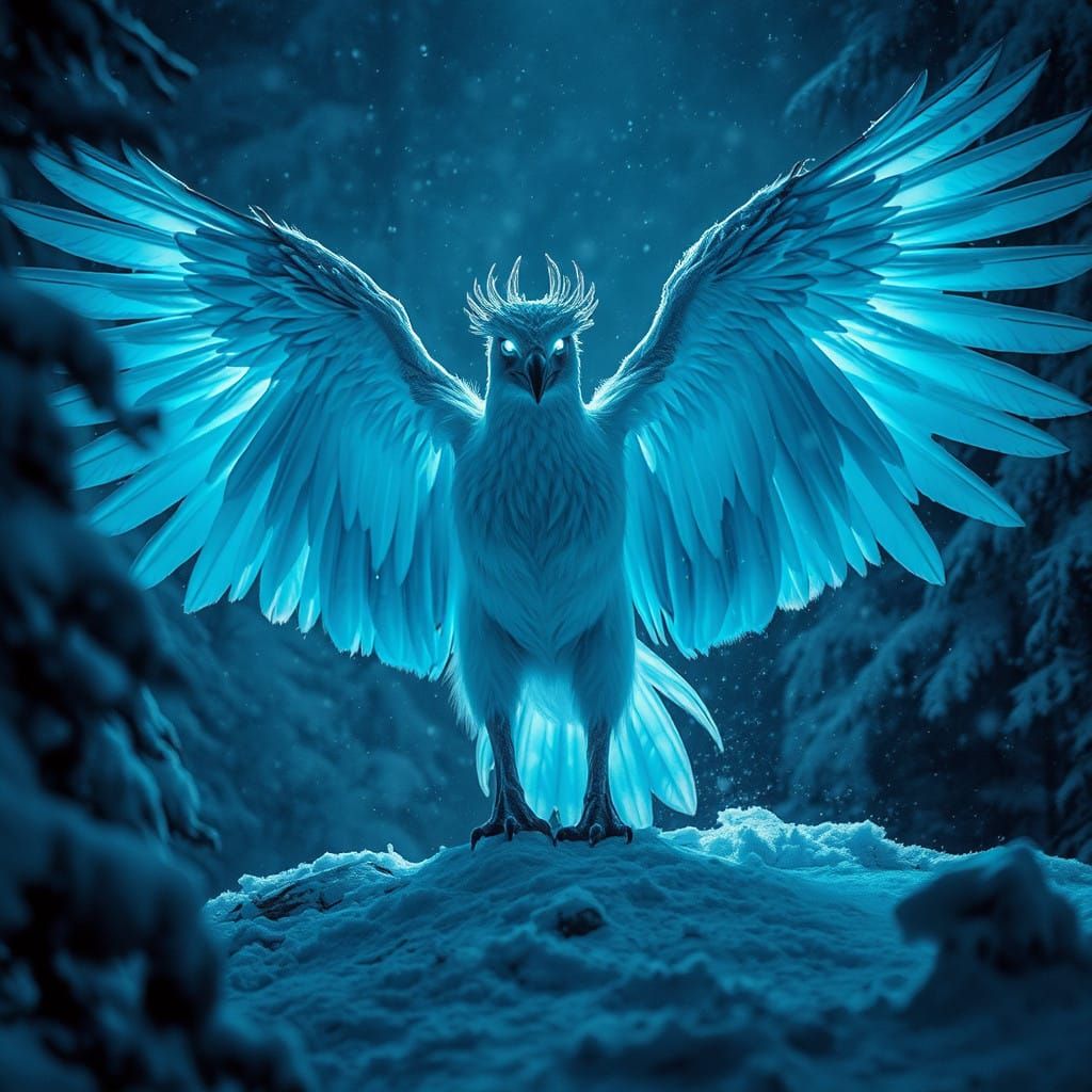 Majestic Frost Winged Creature in Snowy Forest