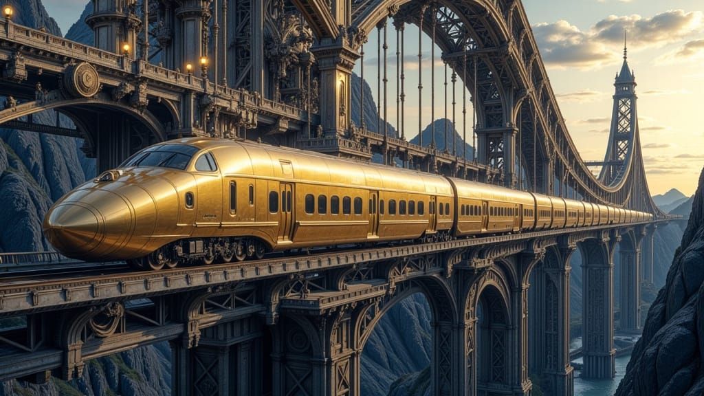 Golden Bullet Train on Mechanical Bridge at Twilight