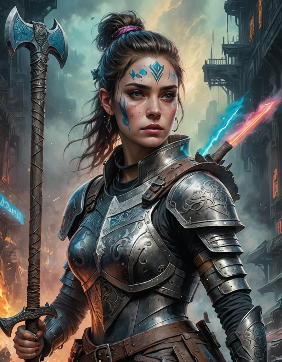 Lady Knight Portrait in Cyberpunk Poster Style