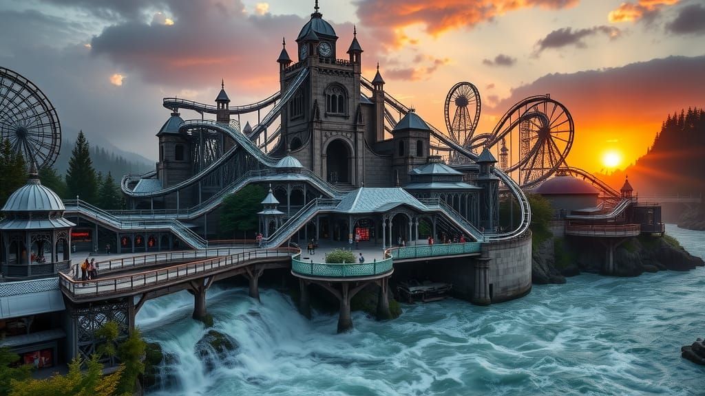 Gothic Amusement Park Above River Bow: Four Seasons