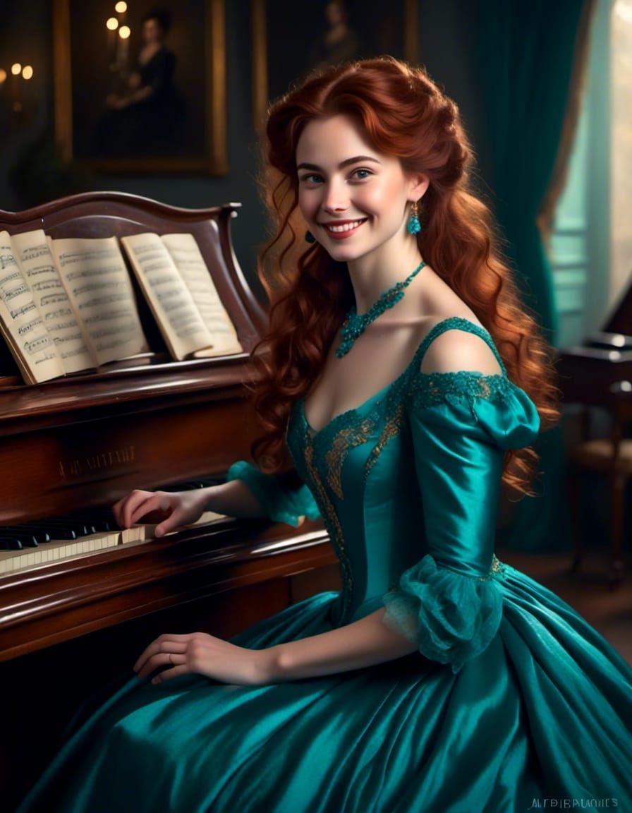 Victorian Woman Playing Piano with Joyful Smile