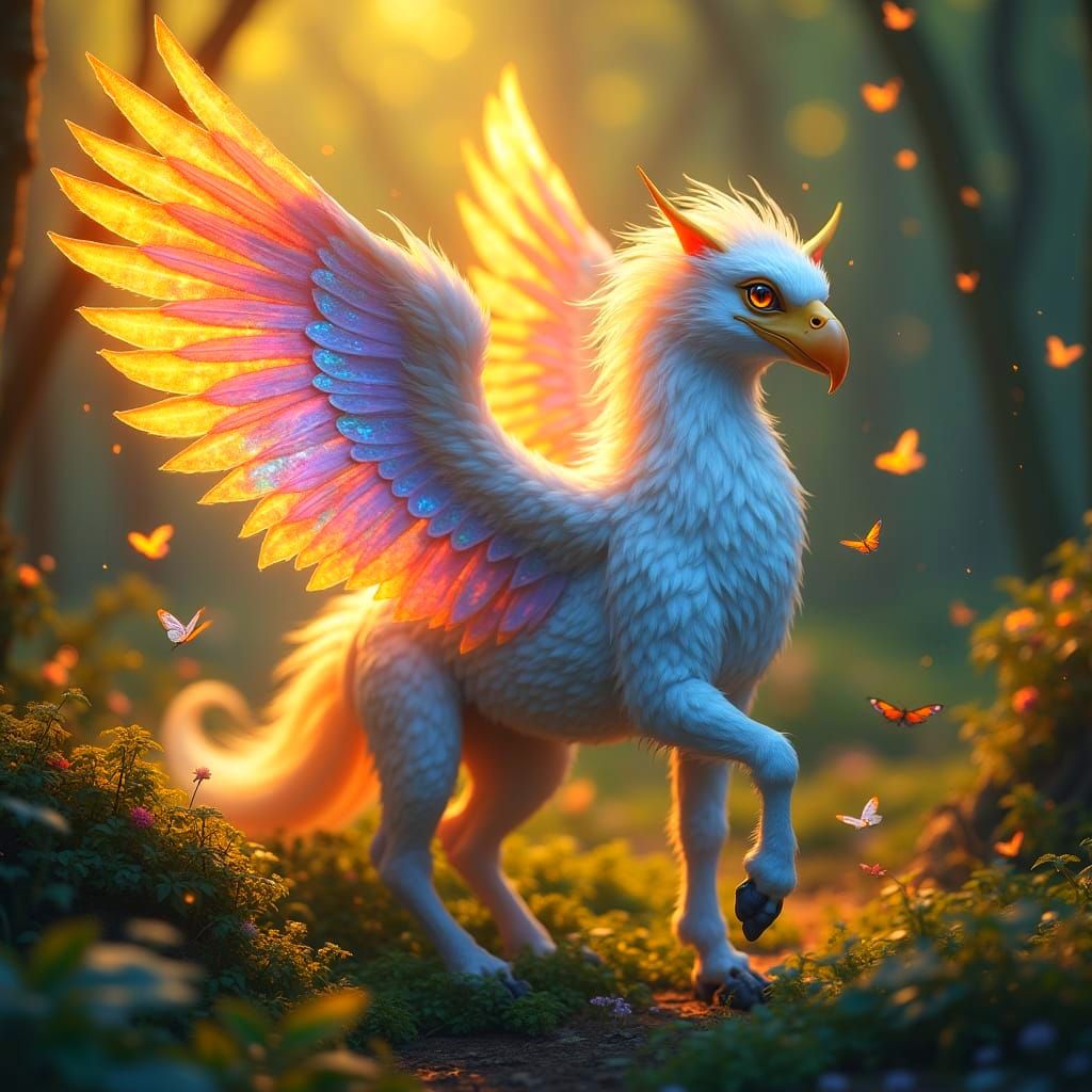 Cute Fantasy Creature: Eagle Pegasus Hybrid with Rainbow Fea...