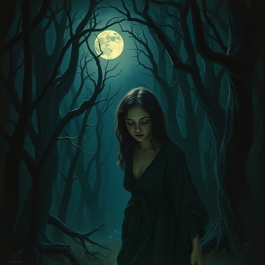 Sorrowful Woman Enters Moonlit Ancient Forest
