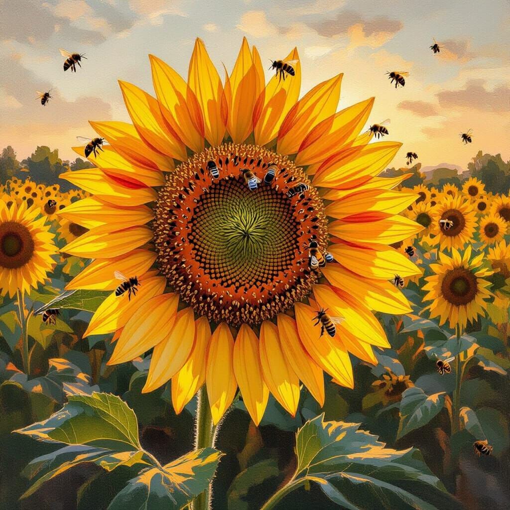 Golden Sunflower Field with Bees, Impressionistic Style