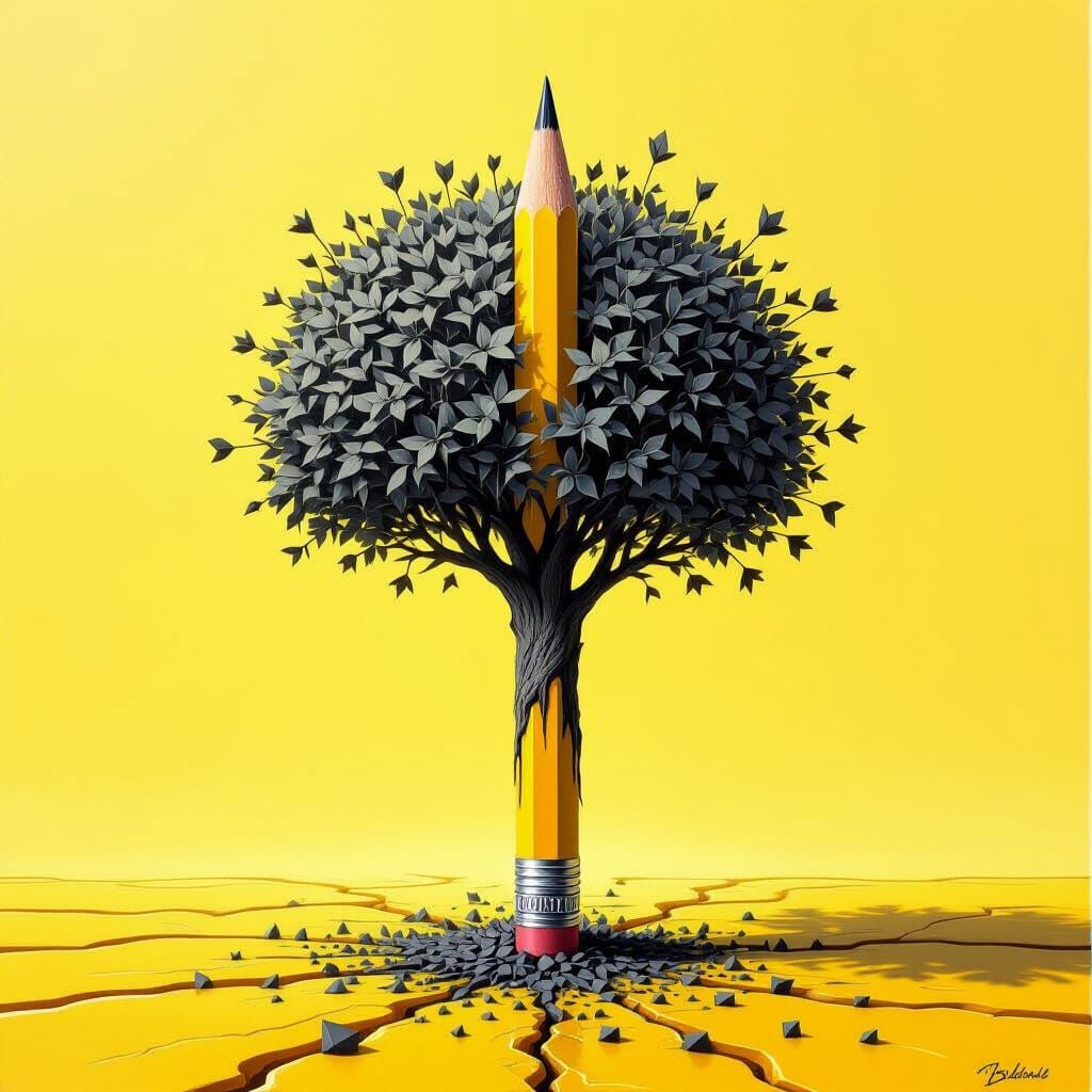 Pencil Transforms Into Graphite Tree in Surreal Dali Style