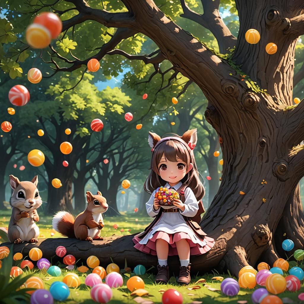 Girl With Candies Under Oak: 3D Anime Art