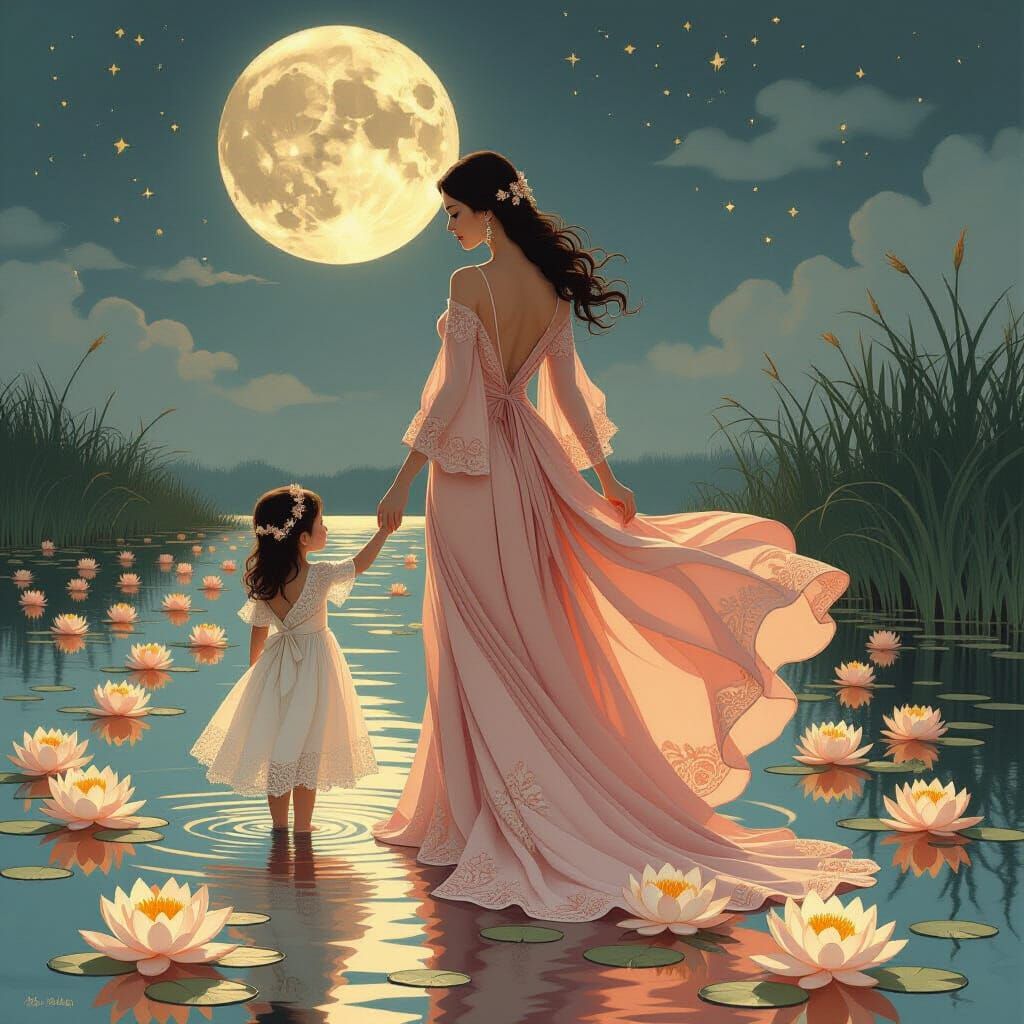 Moonlit Mother and Daughter in Dreamlike Landscape