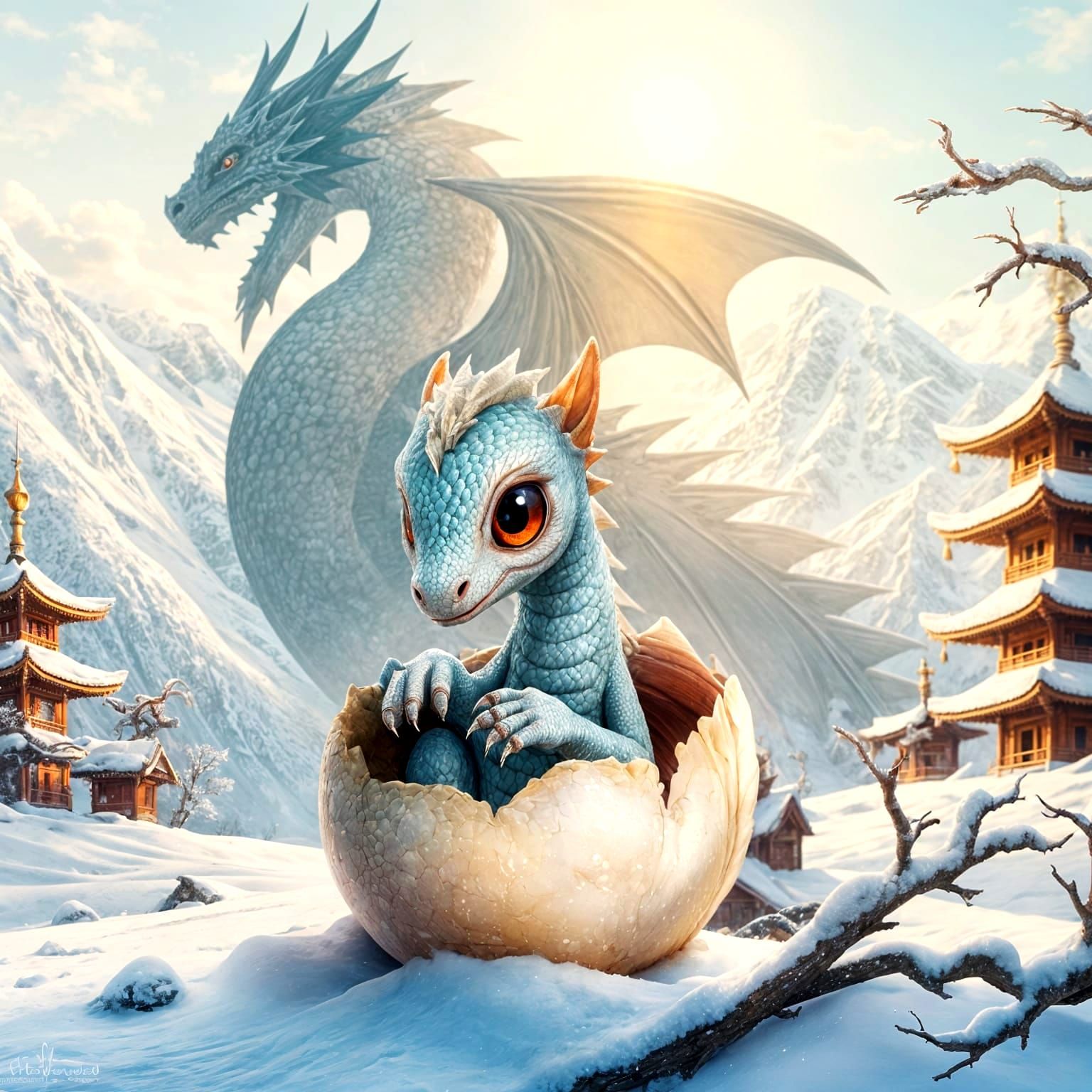 Cute Dragon Hatchling Casts Enormous Shadow in Snowy Asian S...